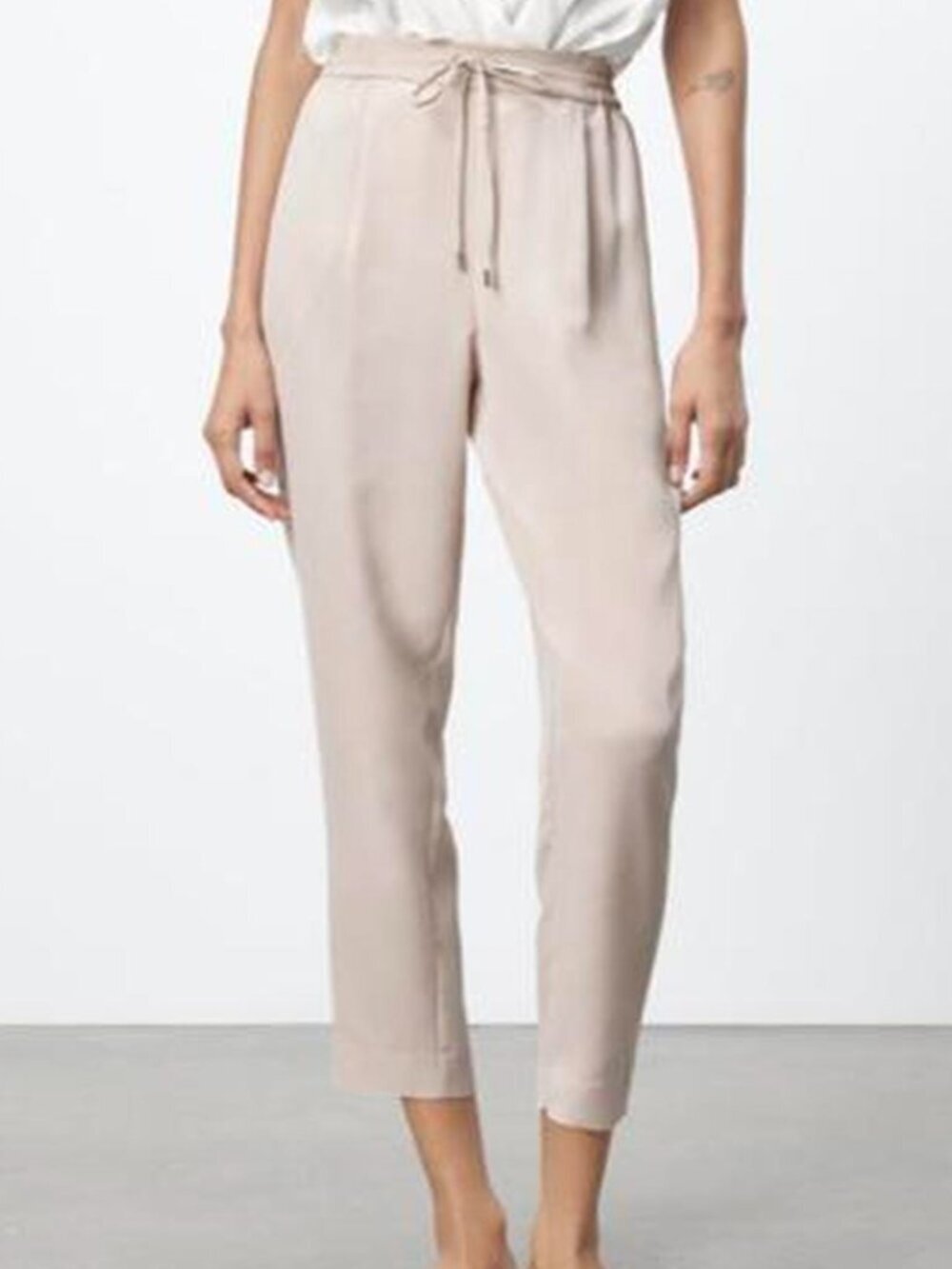 Zara Cream Drawstring Waist Trousers Business Casual Neutral Pull On Pants Med